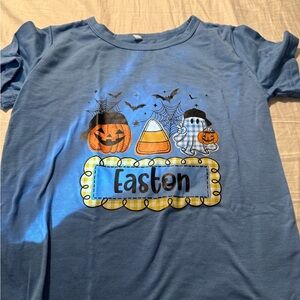 Blue Halloween Kids T-Shirt with Pumpkin and Ghost Design